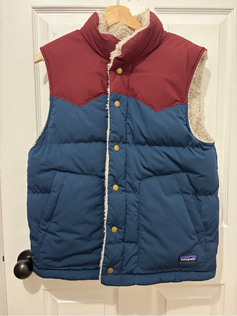 Reversible Patagonia Blue Body Burgundy Yoke Sherpa-Lined Puffer Vest